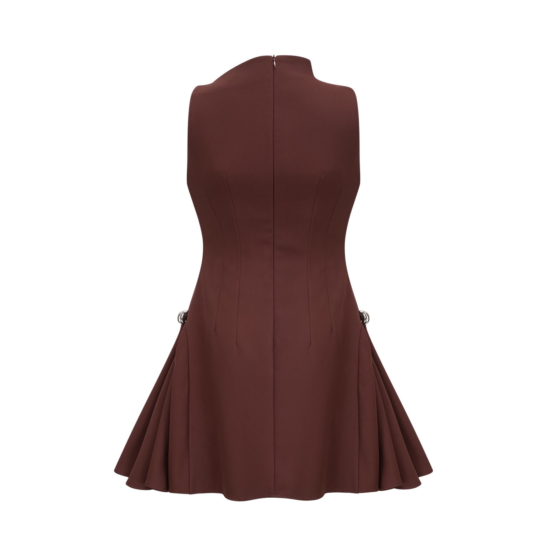A short brown dress with an asymmetric neckline and puff sleeves in a mini length featuring a fitted silhouette named Dora