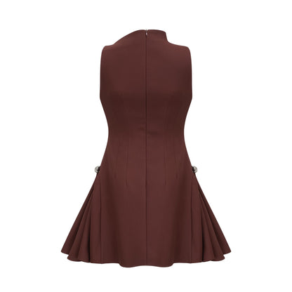A short brown dress with an asymmetric neckline and puff sleeves in a mini length featuring a fitted silhouette named Dora