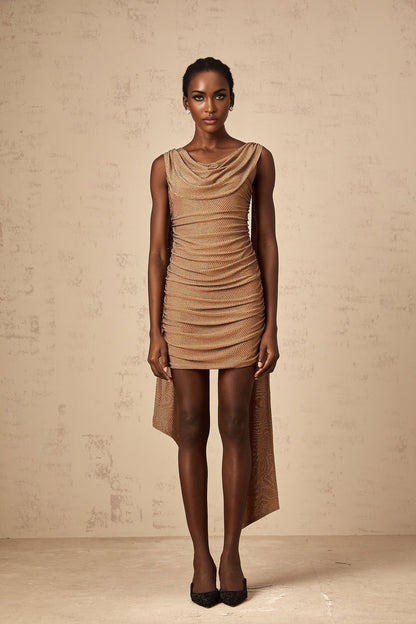 A short brown mini dress with rhinestone embellishments named Jacqueline on a plain background