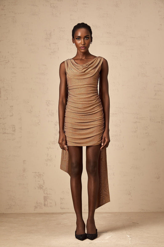 A short brown mini dress with rhinestone embellishments named Jacqueline on a plain background