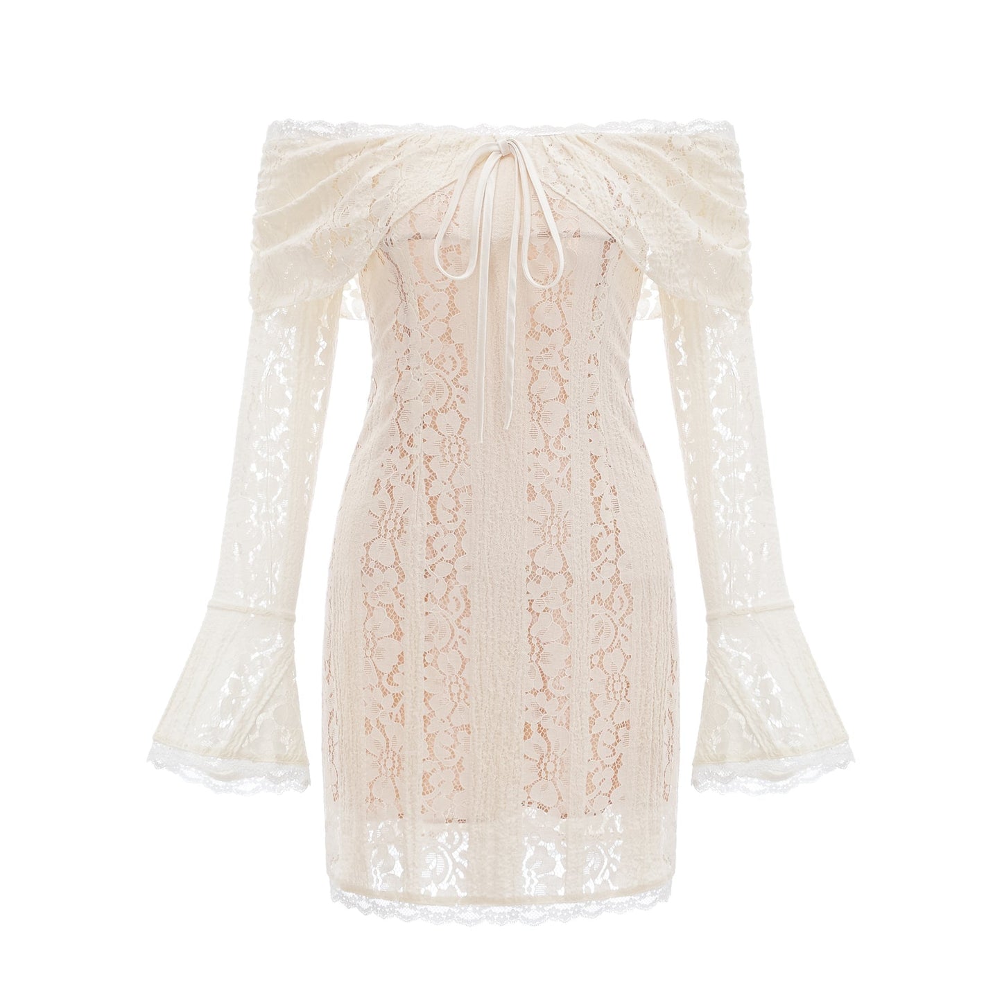 A short floral lace mini dress in neutral tones with flared cuffs named Emeline