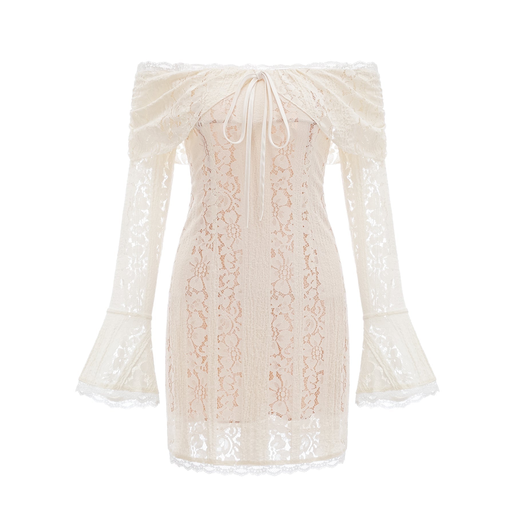 A short floral lace mini dress in neutral tones with flared cuffs named Emeline