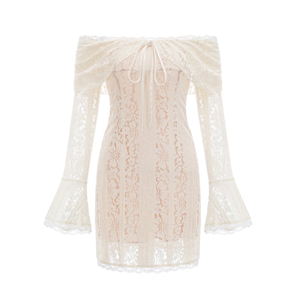 A short floral lace mini dress in neutral tones with flared cuffs named Emeline