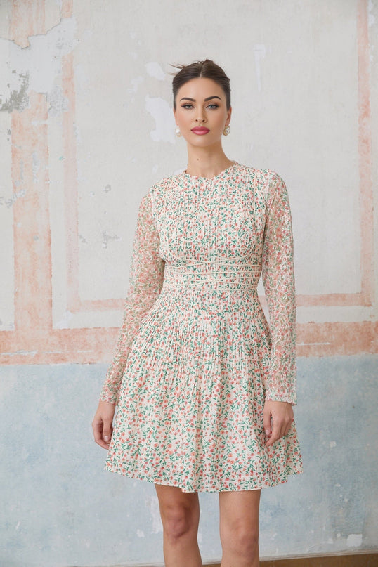 A short floral print dress with pleats and a mini length named Marion