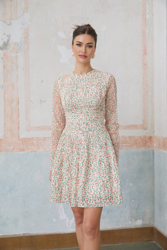 A short floral print dress with pleats and a mini length named Marion