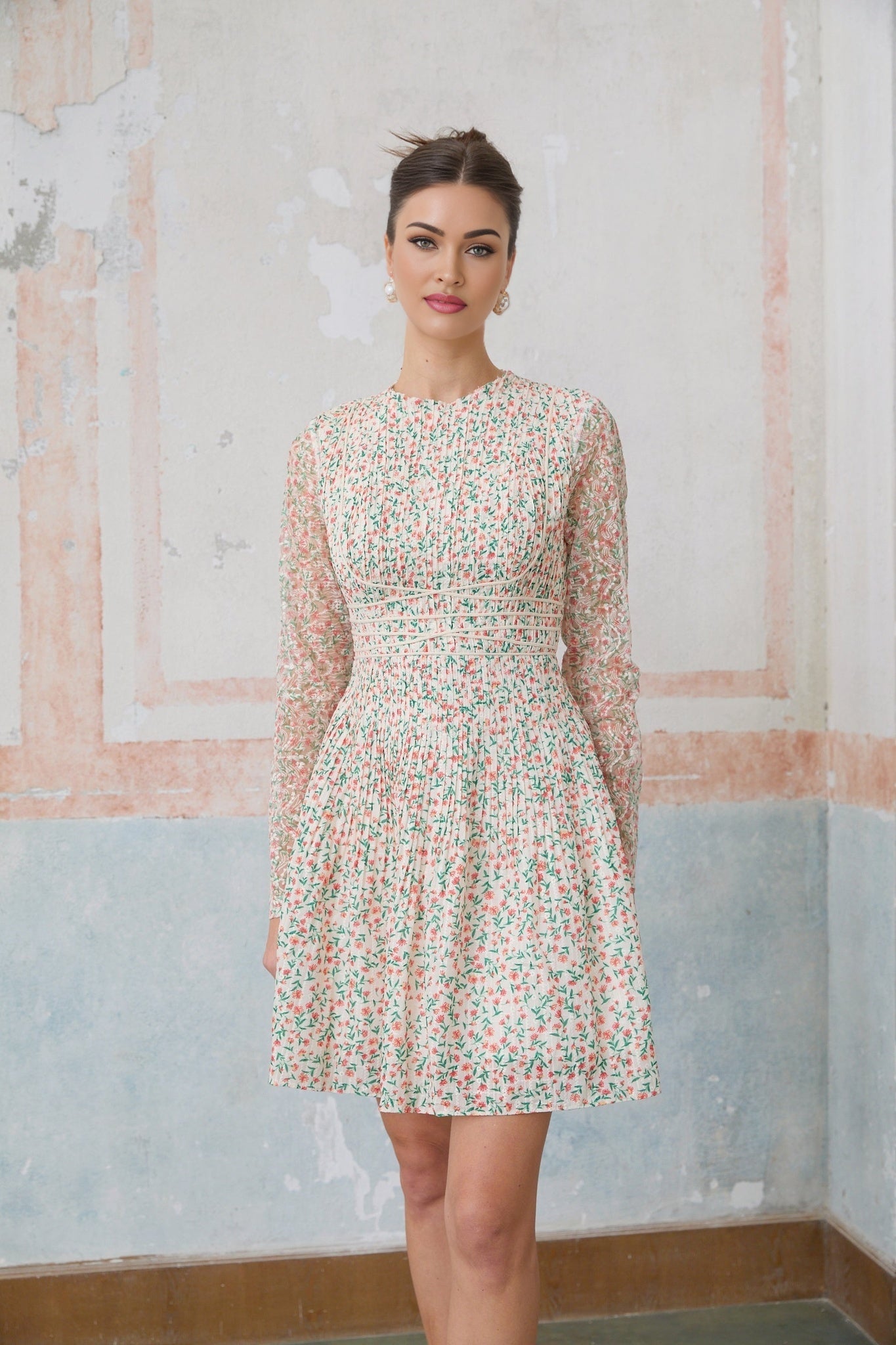 A short floral print dress with pleats and a mini length named Marion