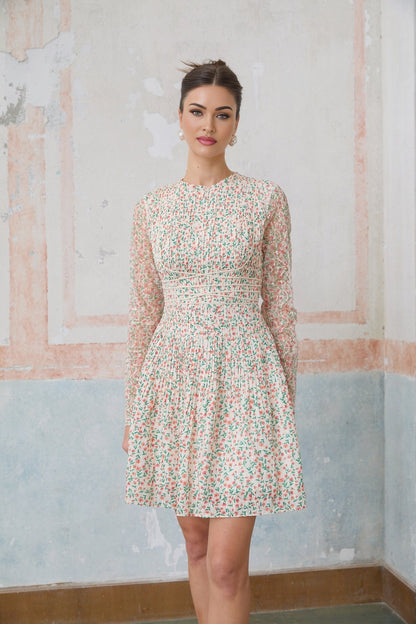 A short floral print dress with pleats and a mini length named Marion