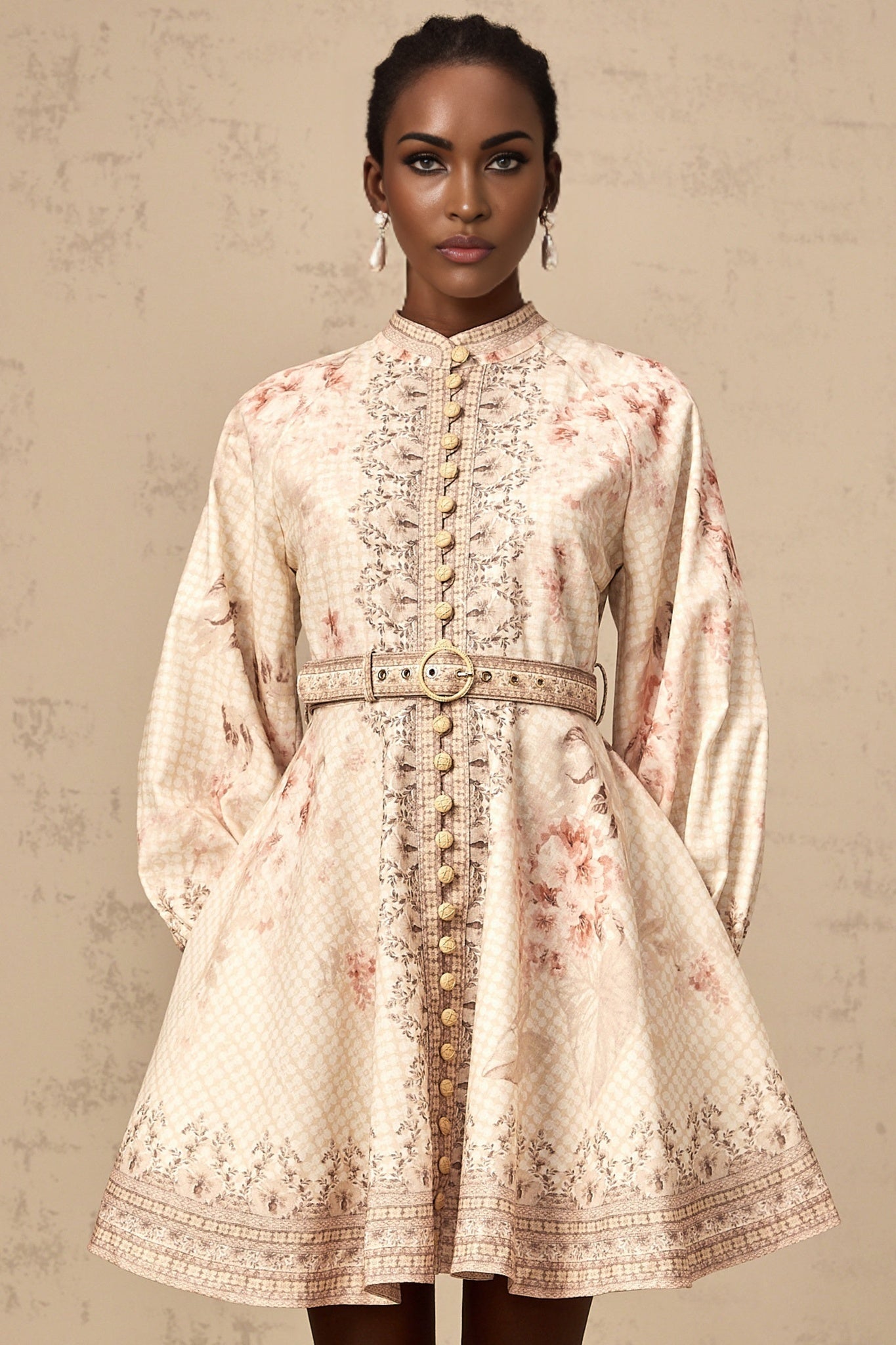 A short floral print mini dress with a belt at the waist featuring a colorful pattern on a light background