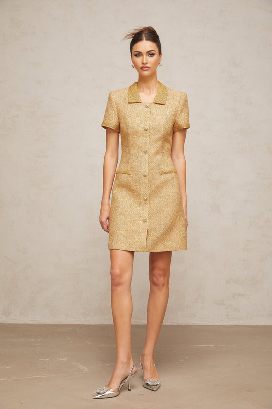 A short gold dress with sequins and tweed fabric featuring a mini length and shimmering texture