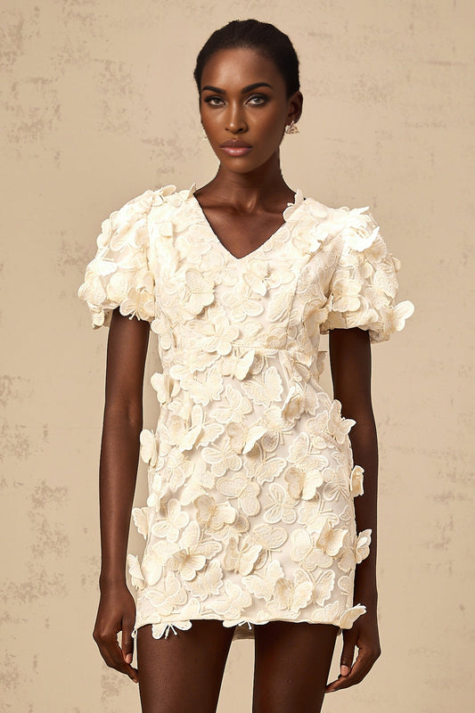 A short light colored dress with a flared Aline silhouette featuring decorative butterfly appliques and a mini length hemline