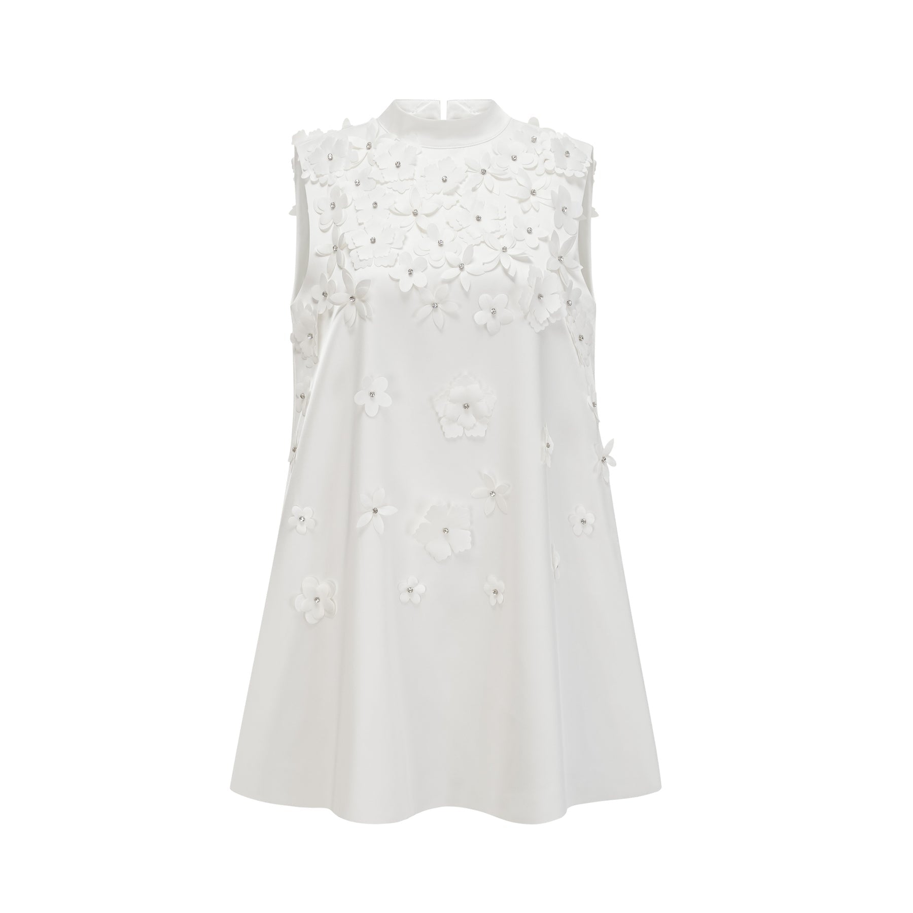A short lightcolored dress with floral patterns and a fitted bodice featuring a sweetheart neckline and puff sleeves