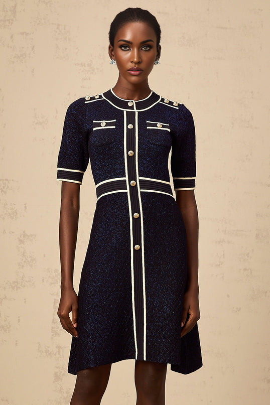 A short navyblue dress with glitter accents and a knit texture featuring a mini length and fitted silhouette