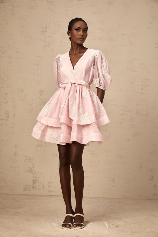 A short pink dress with layered skirt and floral embroidery details