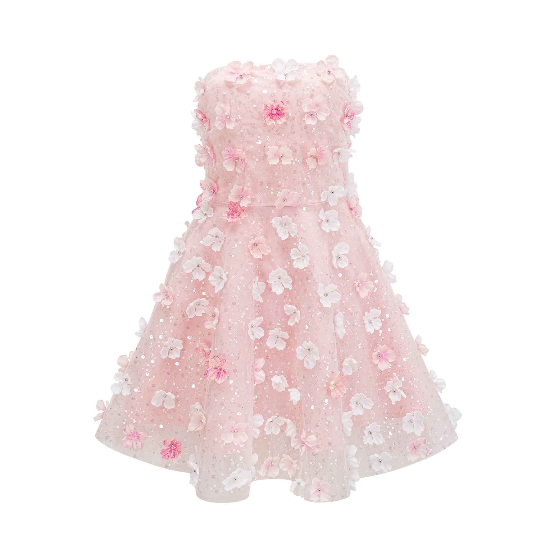 A short puffed sleeve mini dress with three dimensional floral petal details covering the bodice and skirt creating a textured and voluminous appearance
