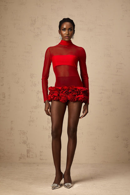 A short red dress with a semisheer tulle overlay featuring threedimensional petal details and a mini length skirt