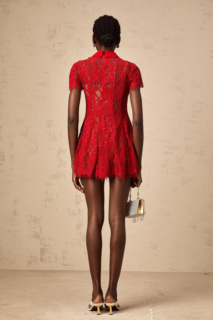 A short red mini dress with sequins and lace detailing featuring a fitted silhouette and shimmering embellishments