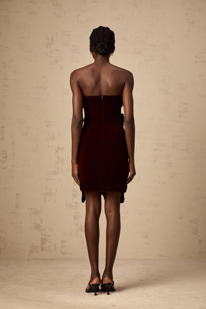 A short red velvet mini dress with floral appliques adorning the fabric