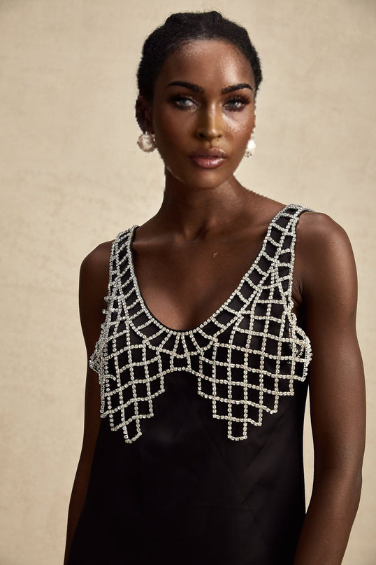 A short satin mini dress with crystal embellishments named Leonore