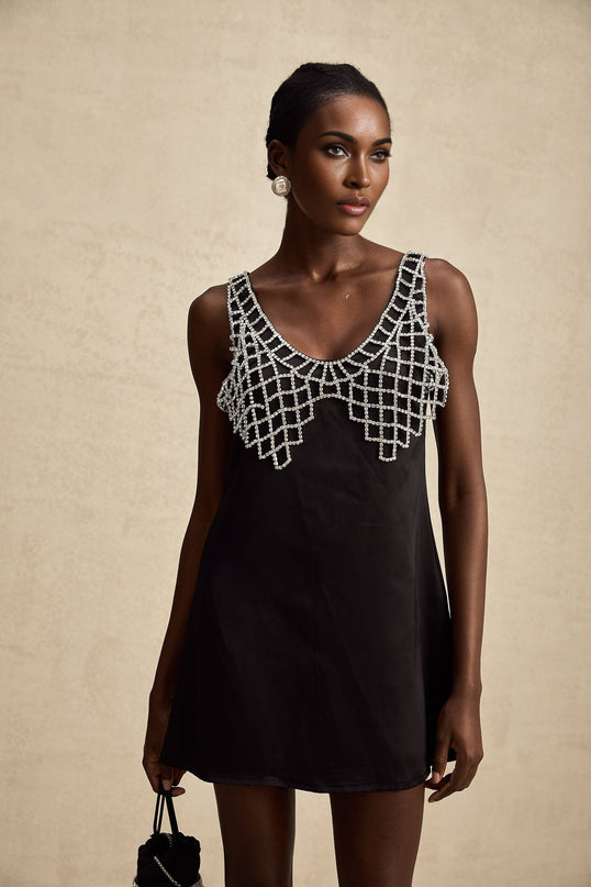 A short satin mini dress with crystal embellishments named Leonore