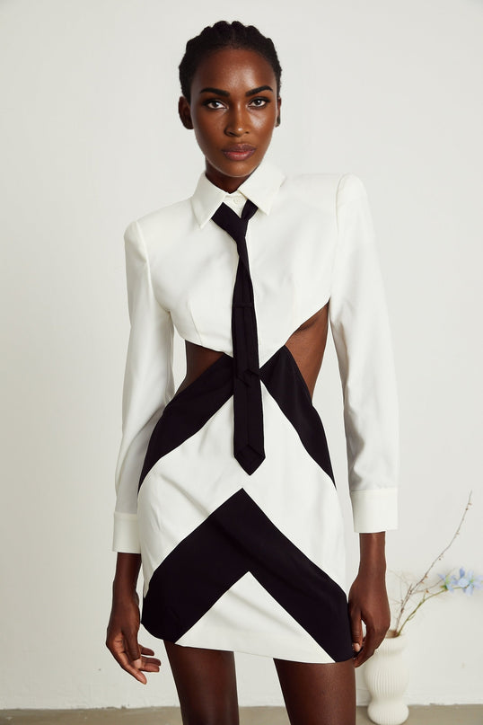 A short sleeveless mini dress with a neck tie and cutout detail at the chest