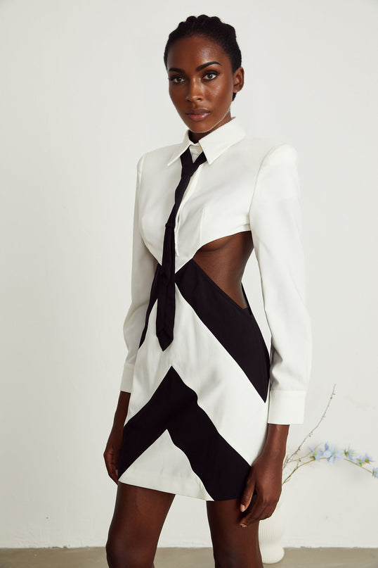 A short sleeveless mini dress with a neck tie and cutout detail at the chest