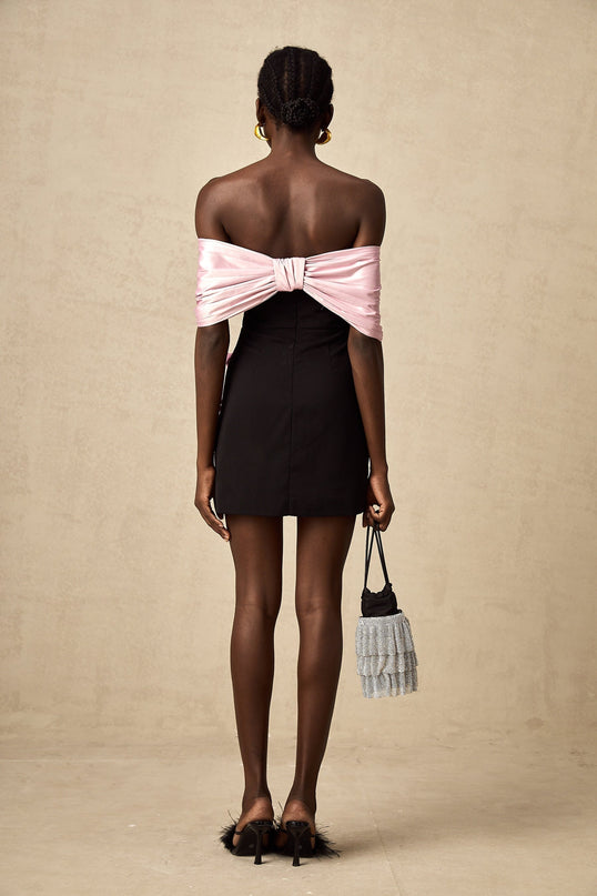 A short sleeveless mini dress with color blocking and a decorative bow accent