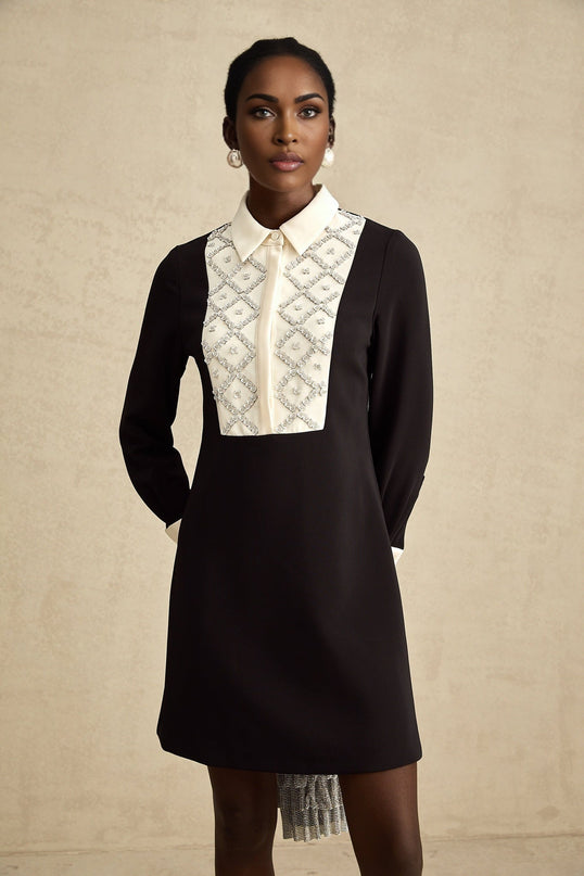 A short sleeveless mini dress with contrasting color accents and embellishments featuring a fitted bodice and flared skirt