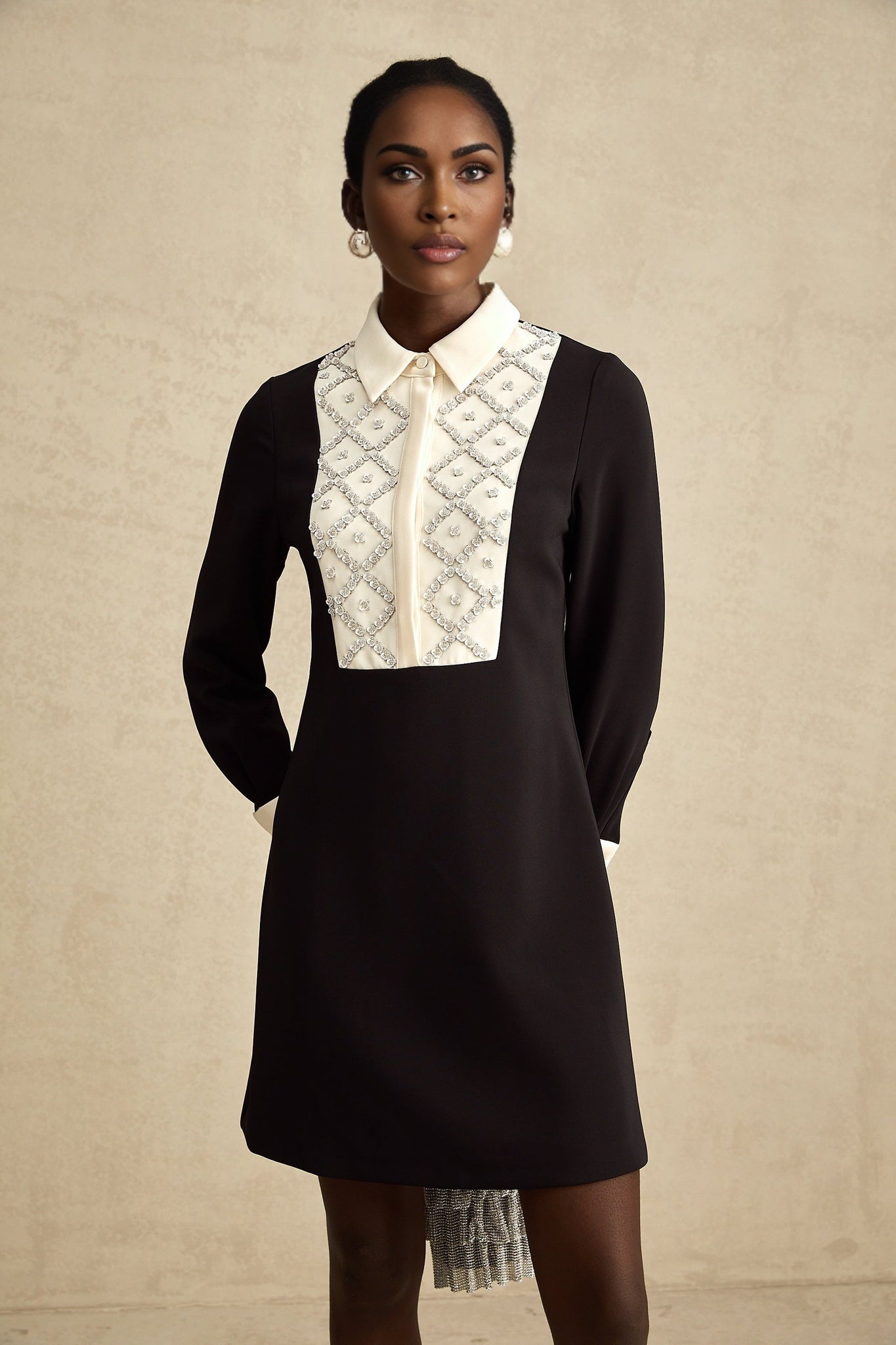 A short sleeveless mini dress with contrasting color accents and embellishments featuring a fitted bodice and flared skirt