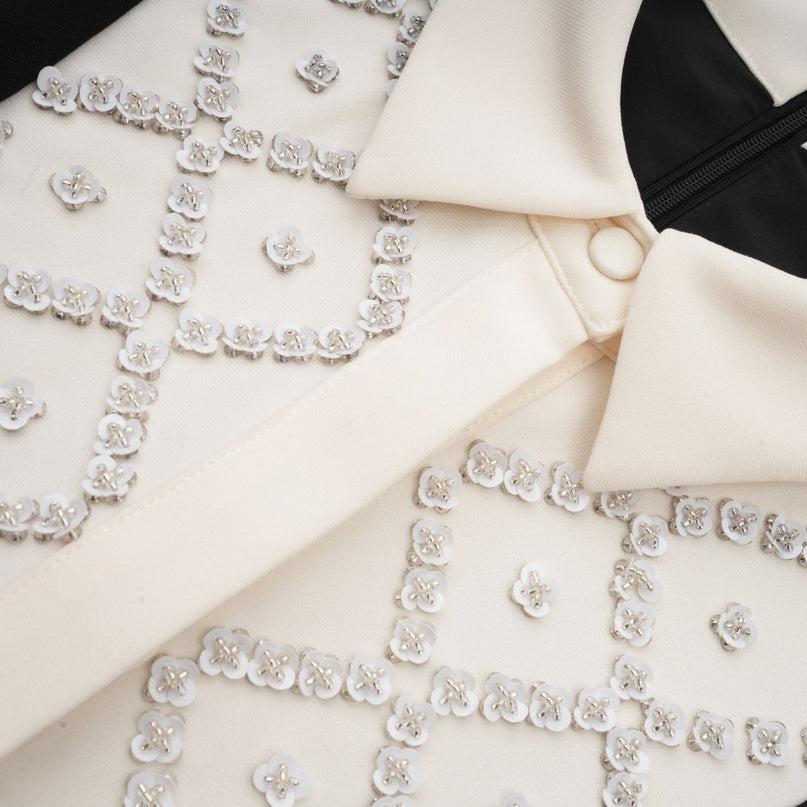 A short sleeveless mini dress with contrasting color details and embellishments featuring a fitted silhouette and a feminine design