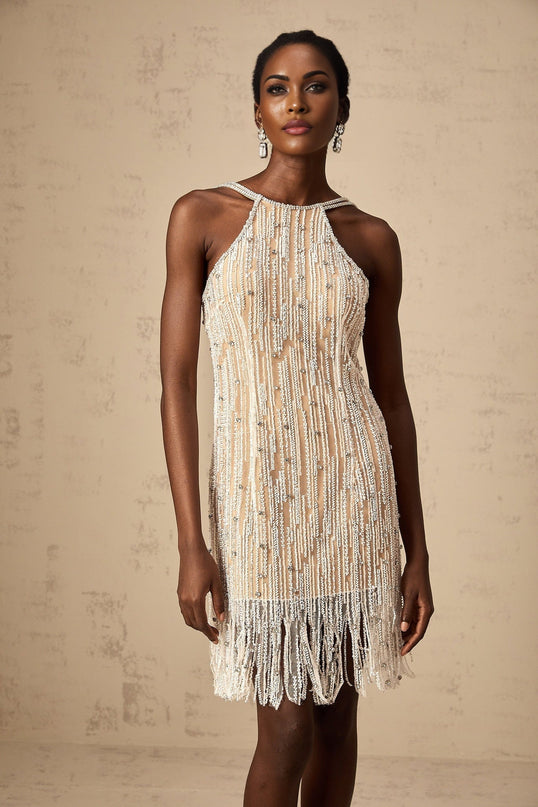 A short sleeveless mini dress with fringe detailing and embellishments named Giulietta