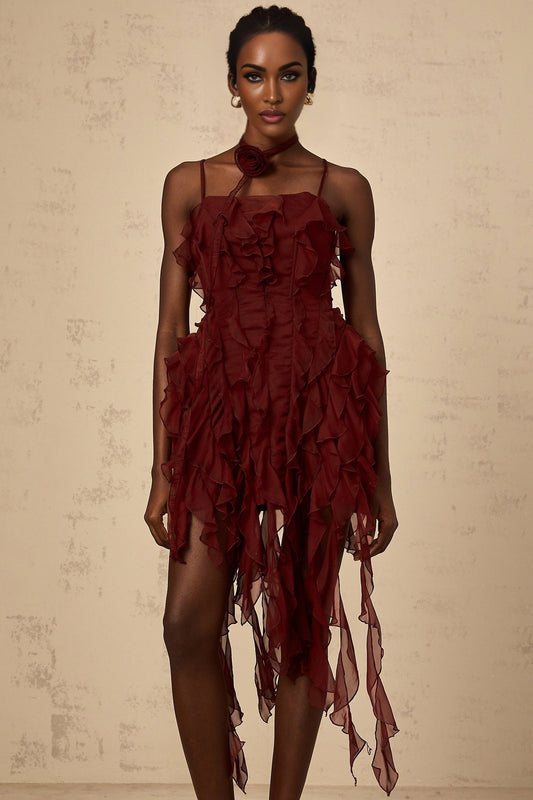 A short winered mini dress with ruffled details and rose appliques adorning the fabric