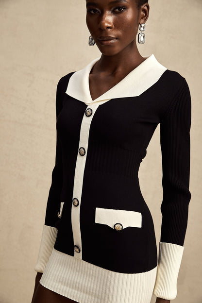 A short wool dress with colorblocked design and ribbed knit texture featuring a mini length and a style named Charlotte