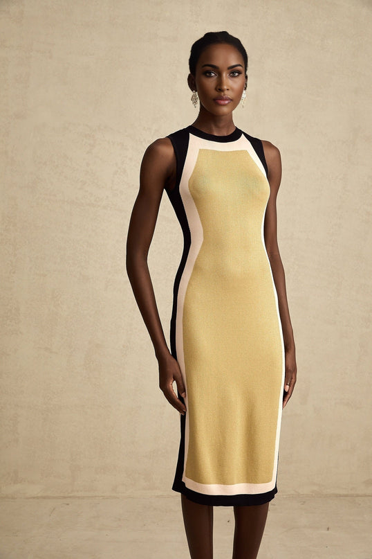 A sleeveless knitted midi dress with contrasting colors named Lena featuring a formfitting silhouette and ribbed texture