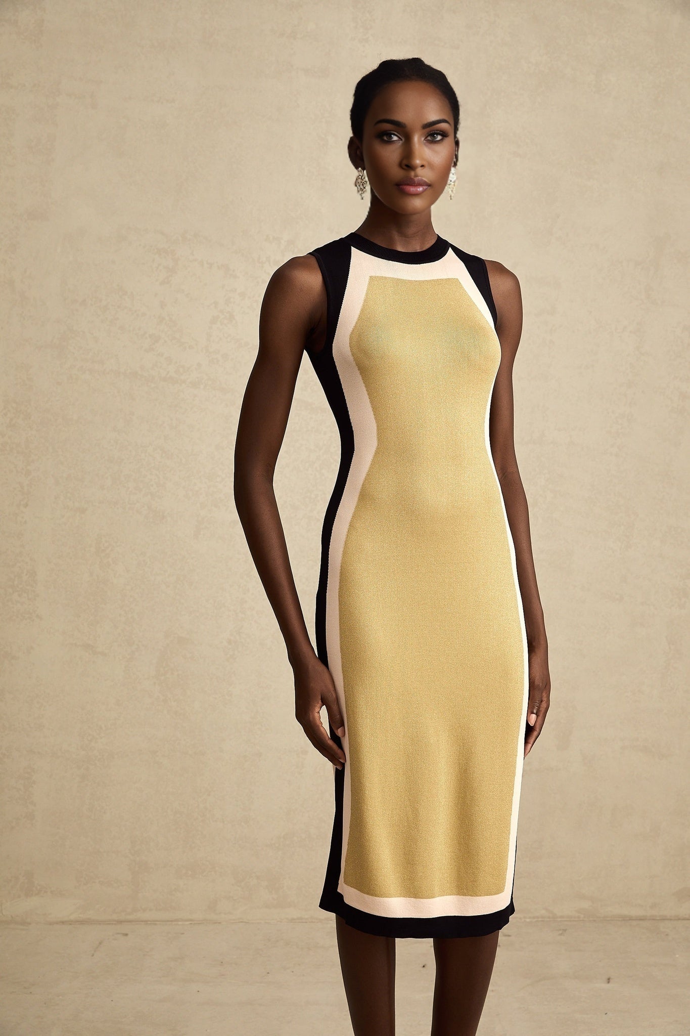 A sleeveless knitted midi dress with contrasting colors named Lena featuring a formfitting silhouette and ribbed texture