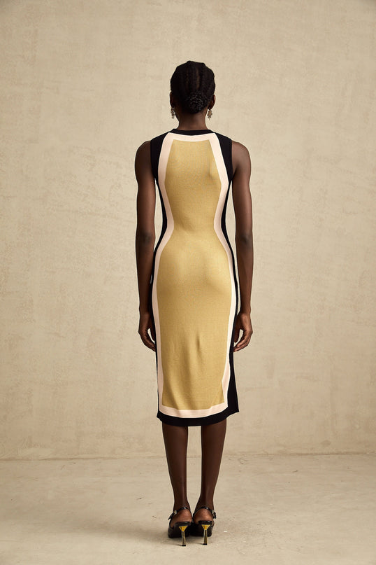 A sleeveless knitted midi dress with contrasting colors named Lena