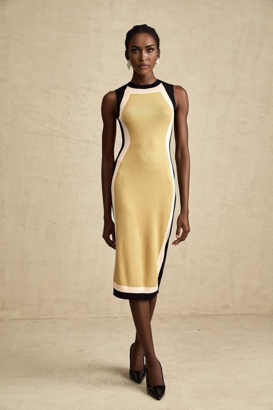 A sleeveless knitted midi dress with contrasting colors named Lena