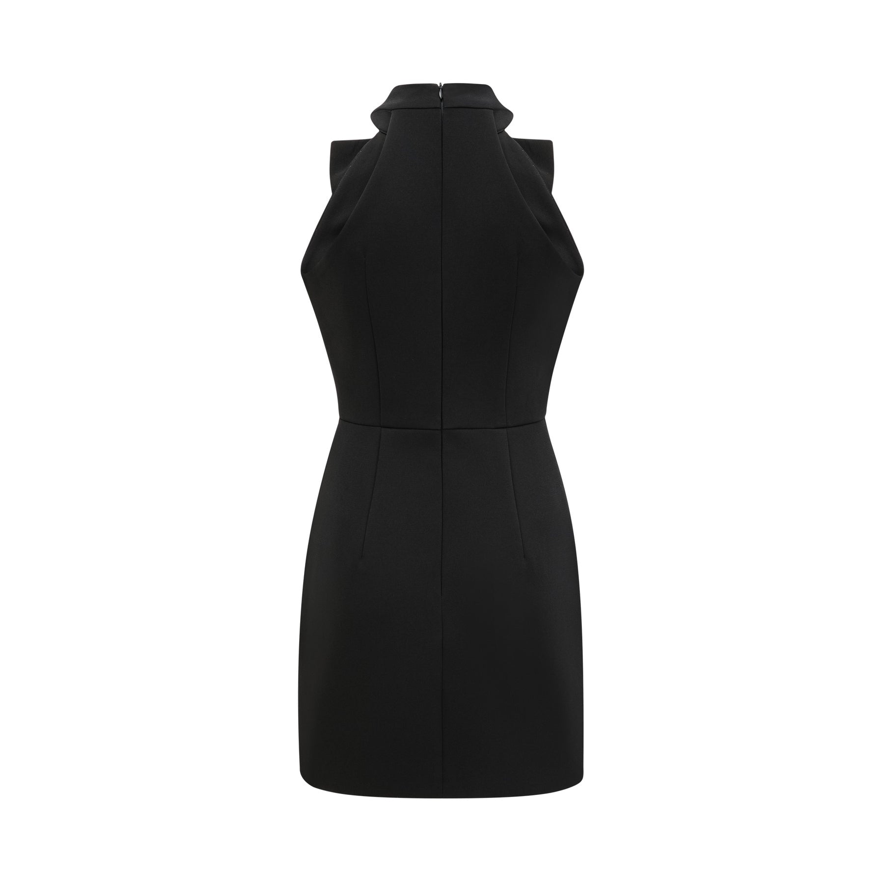 Sleeveless black dress with a cutout design and bowknot embellishment thigh length with a straight hem and rear zip closure