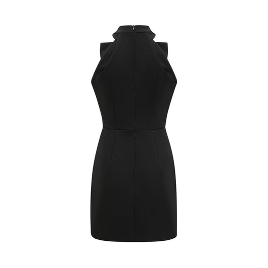 Sleeveless black dress with a cutout design and bowknot embellishment thigh length with a straight hem and rear zip closure