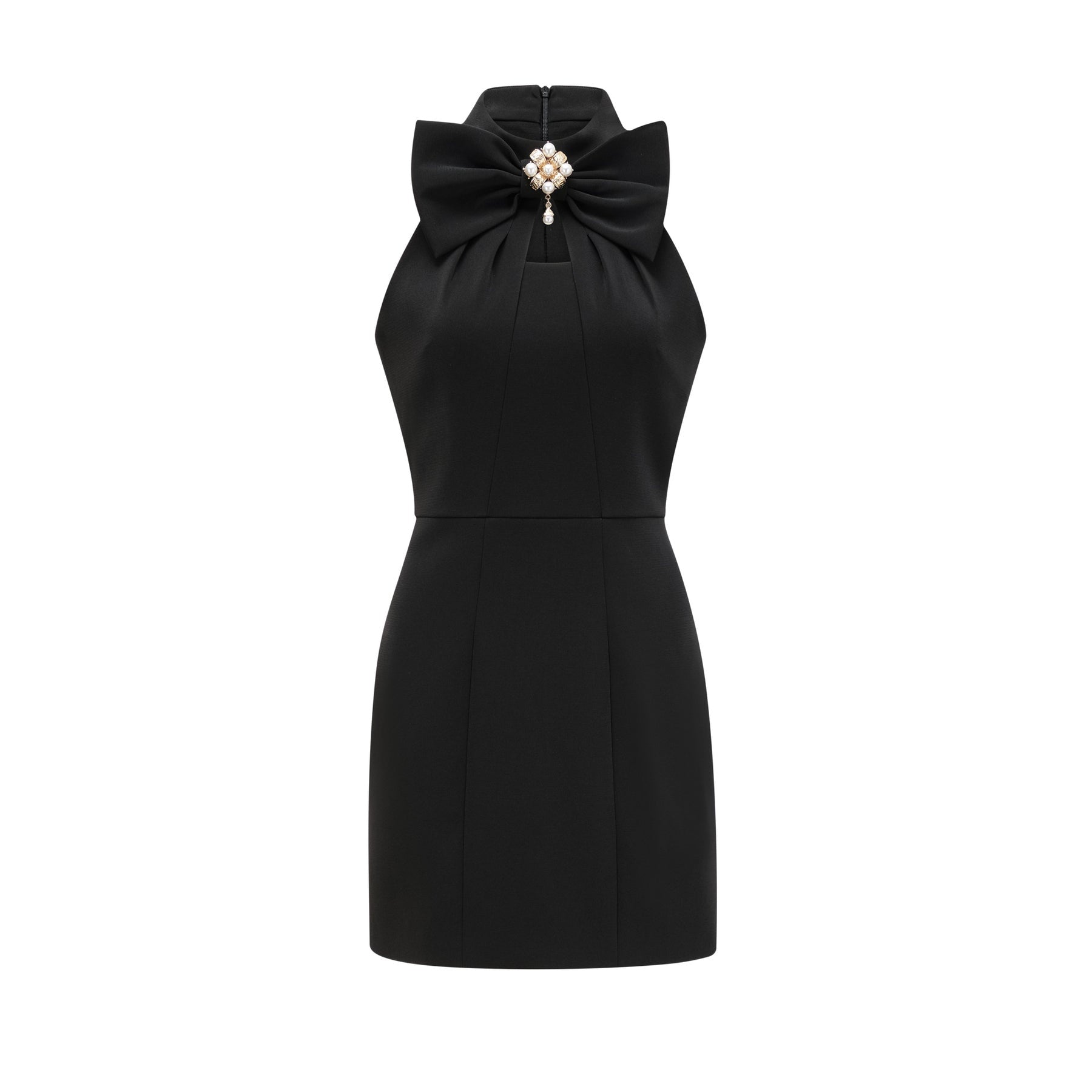 Black sleeveless dress with cutout design and bowknot embellishment Thigh length with a straight hem and rear zip closure Made of 65% Viscose and 35% Polyamide