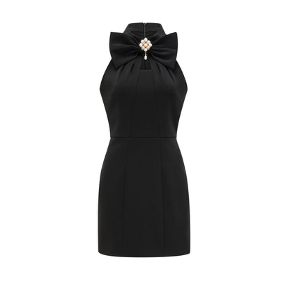 Black sleeveless dress with cutout design and bowknot embellishment Thigh length with a straight hem and rear zip closure Made of 65% Viscose and 35% Polyamide