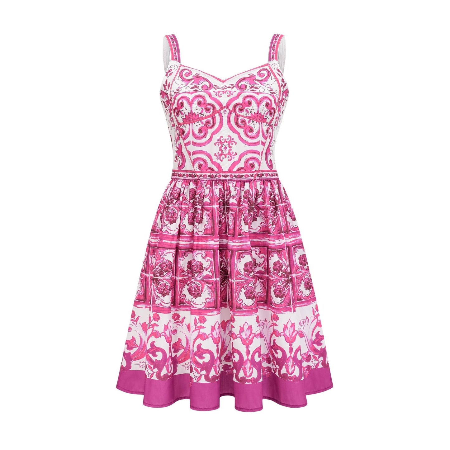 Pink sleeveless mini dress with sweetheart neck allover graphic print rear zip fastening and flared skirt Made of 100% Triacetate fiber for comfort