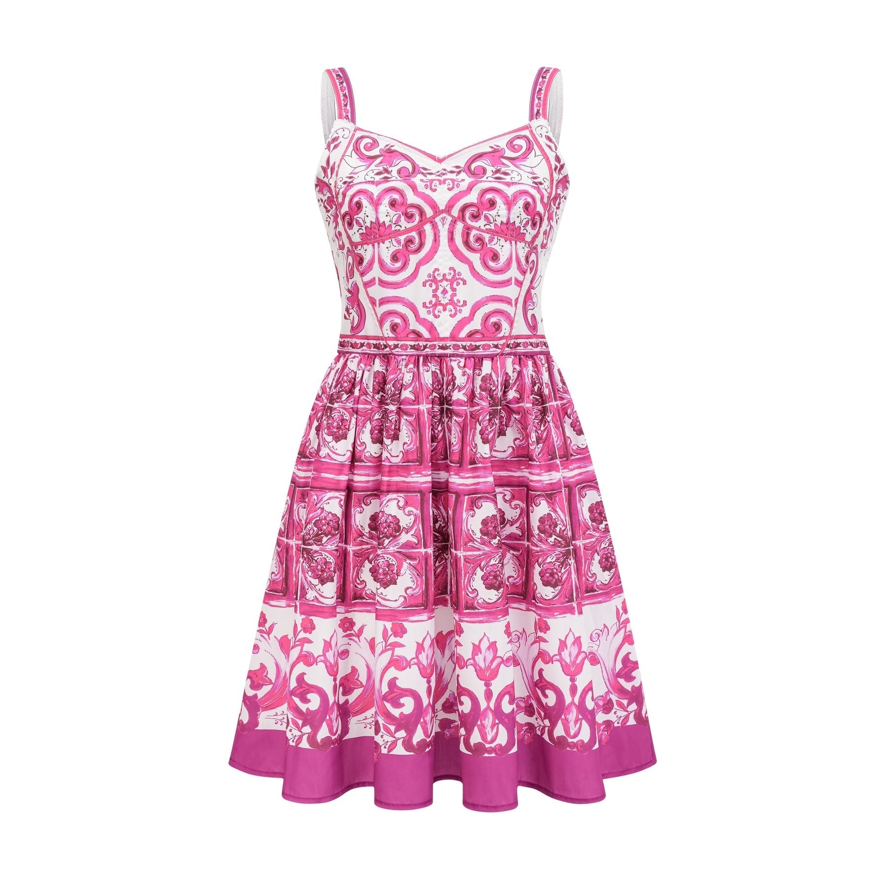 Pink sleeveless mini dress with sweetheart neck allover graphic print rear zip fastening and flared skirt Made of 100% Triacetate fiber for comfort