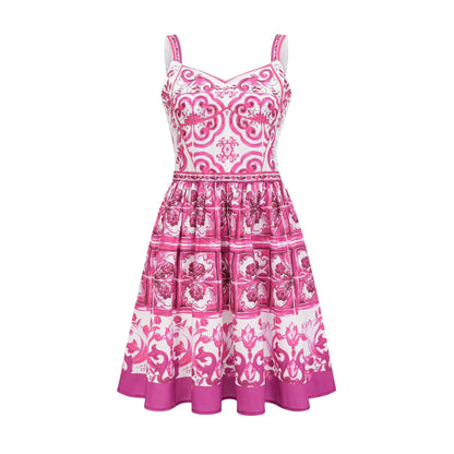 Pink sleeveless mini dress with sweetheart neck allover graphic print rear zip fastening and flared skirt Made of 100% Triacetate fiber for comfort