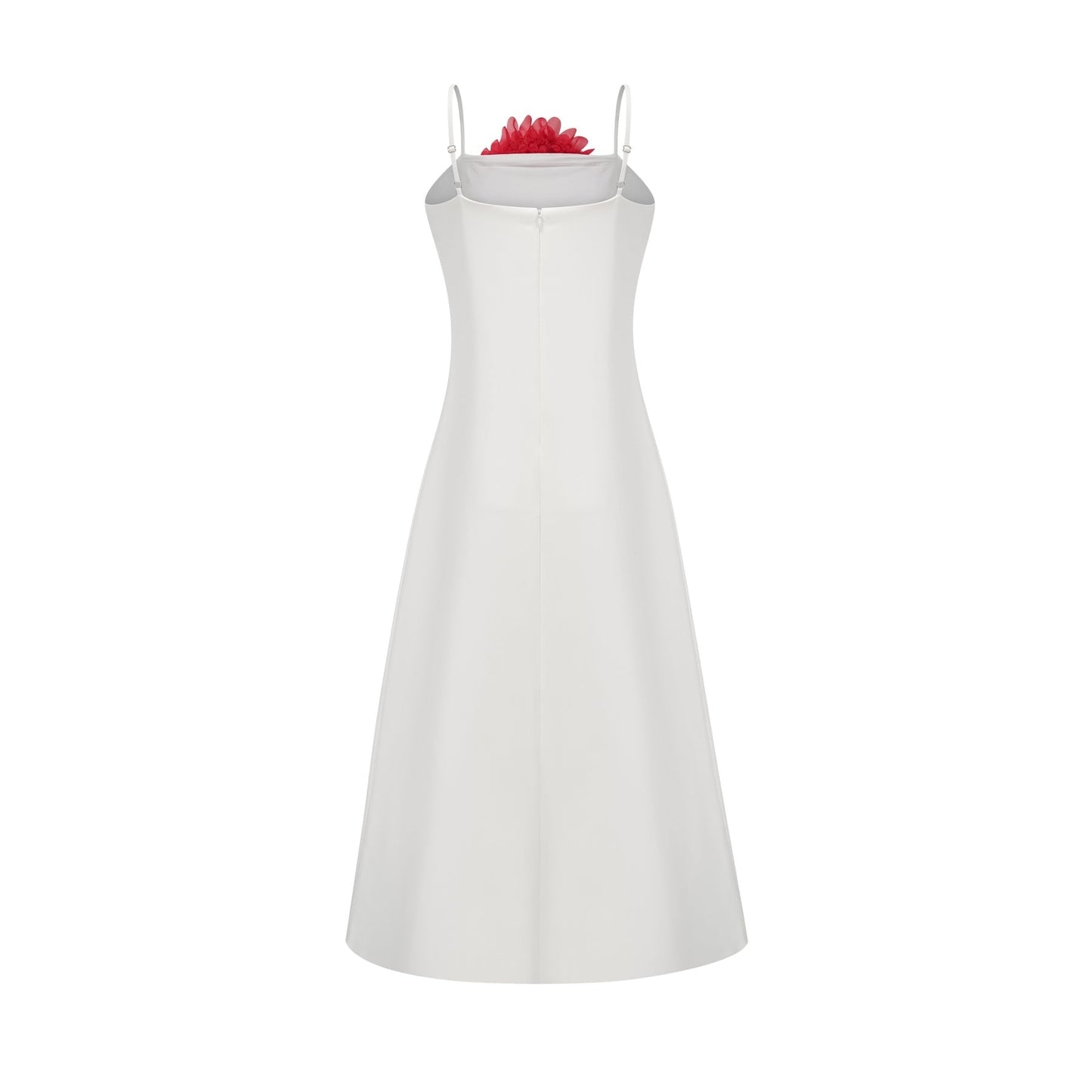 A sleeveless white midi dress with threedimensional petal details covering the bodice and skirt creating a textured floral effect