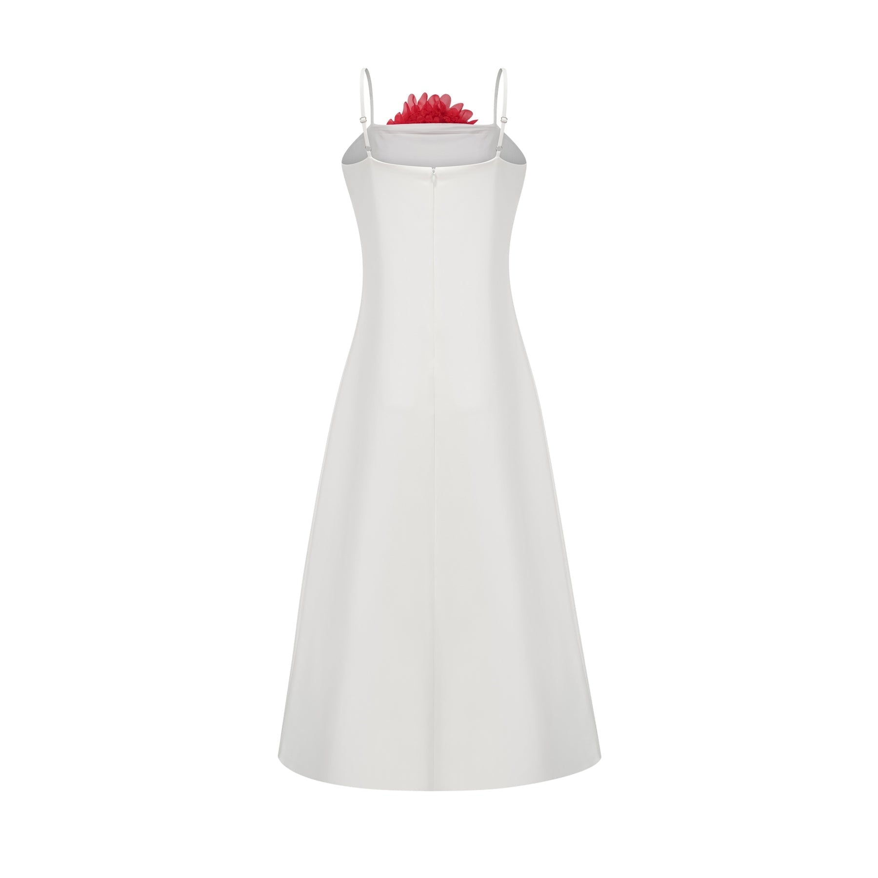 A sleeveless white midi dress with threedimensional petal details covering the bodice and skirt creating a textured floral effect