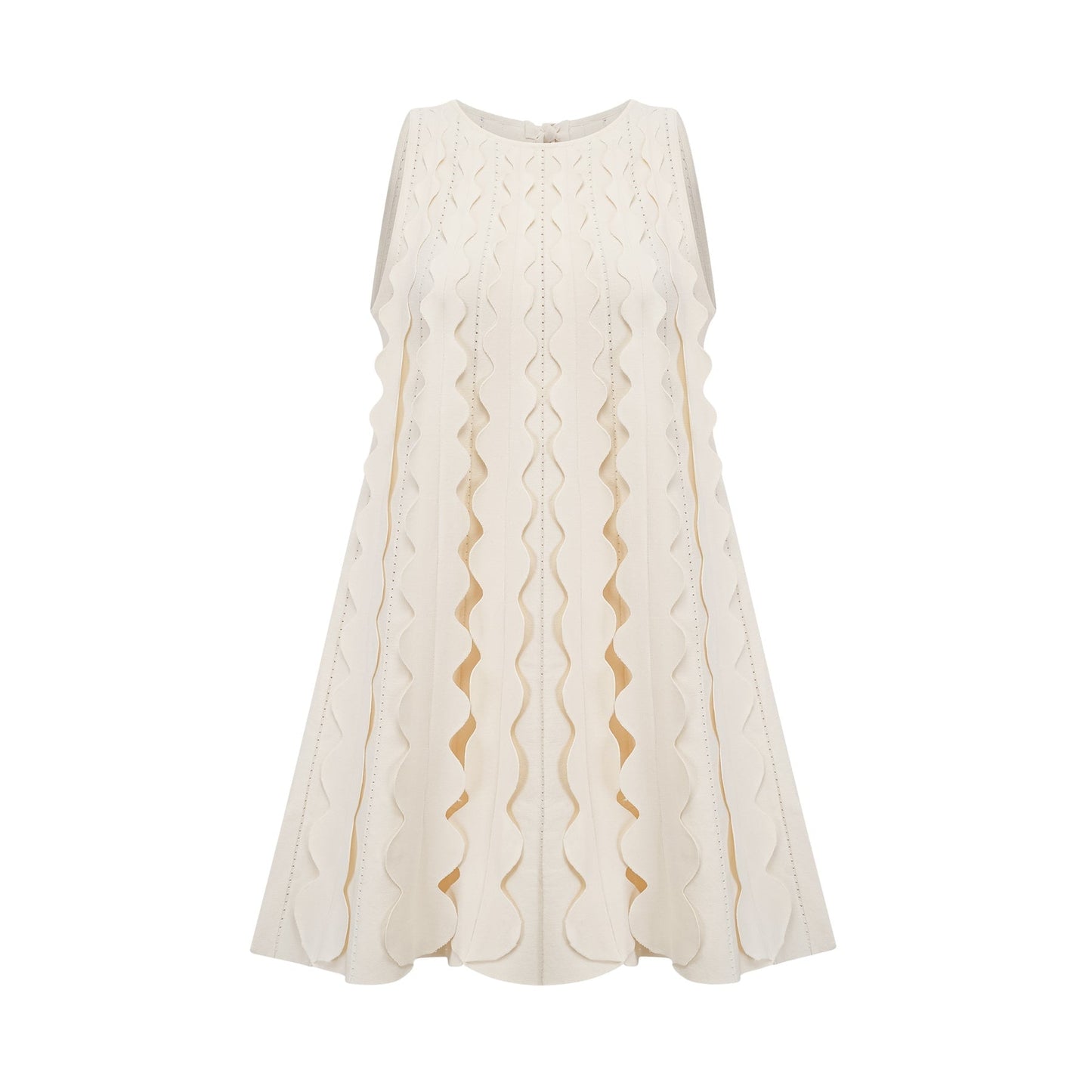 A sleeveless white mini dress with wavy details and a fitted silhouette named Axelle