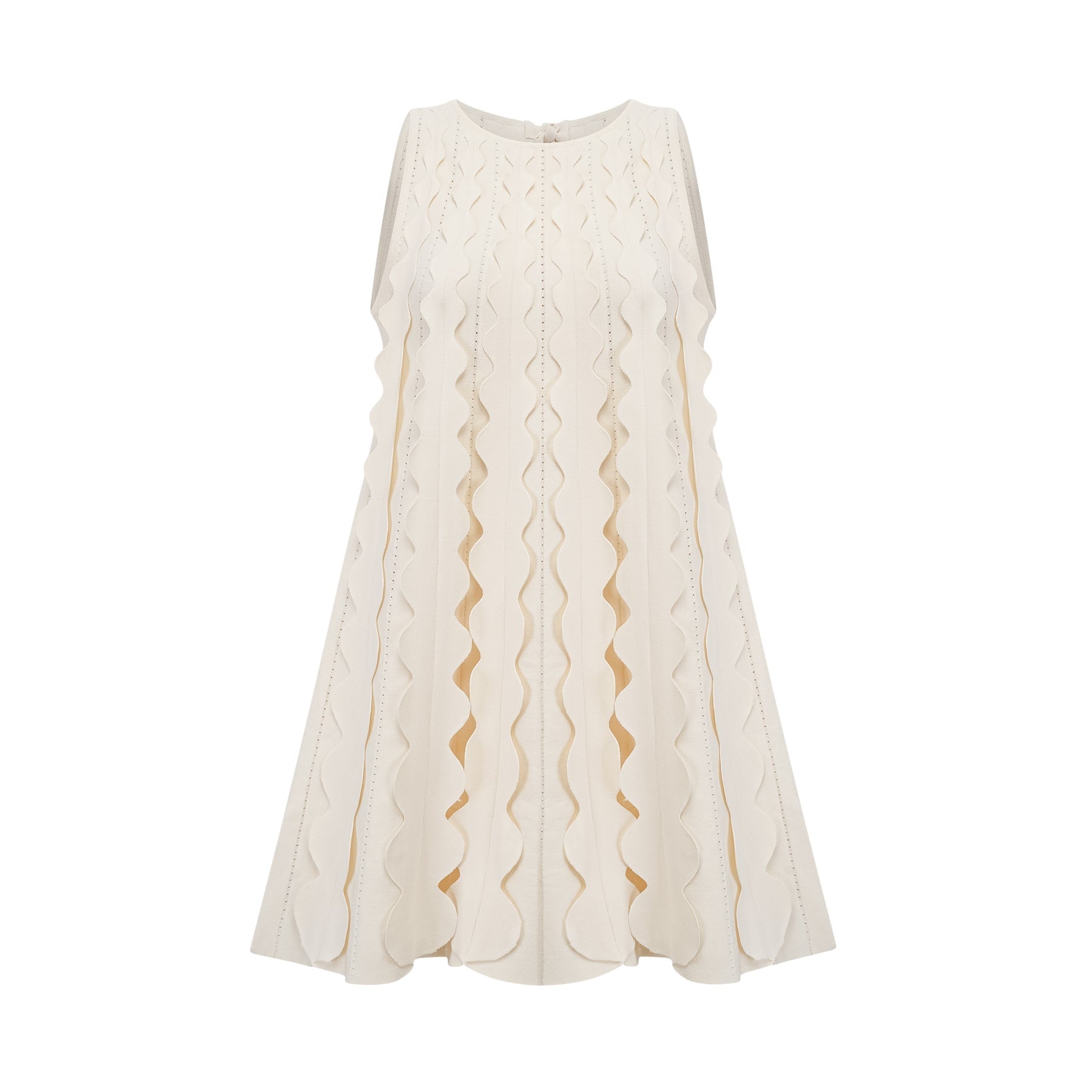 A sleeveless white mini dress with wavy details and a fitted silhouette named Axelle