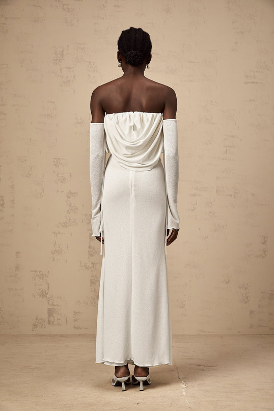 A strapless maxi dress with ruched detailing and floral appliques featuring a floral pattern named Julia