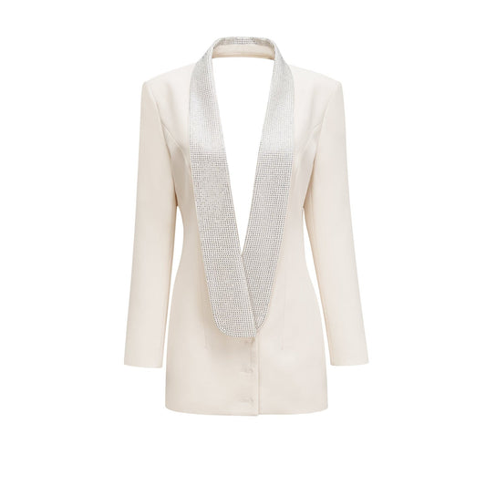 White Vneck dress with long sleeves scoop back and embellished lapels made of 100% Polyester fabric