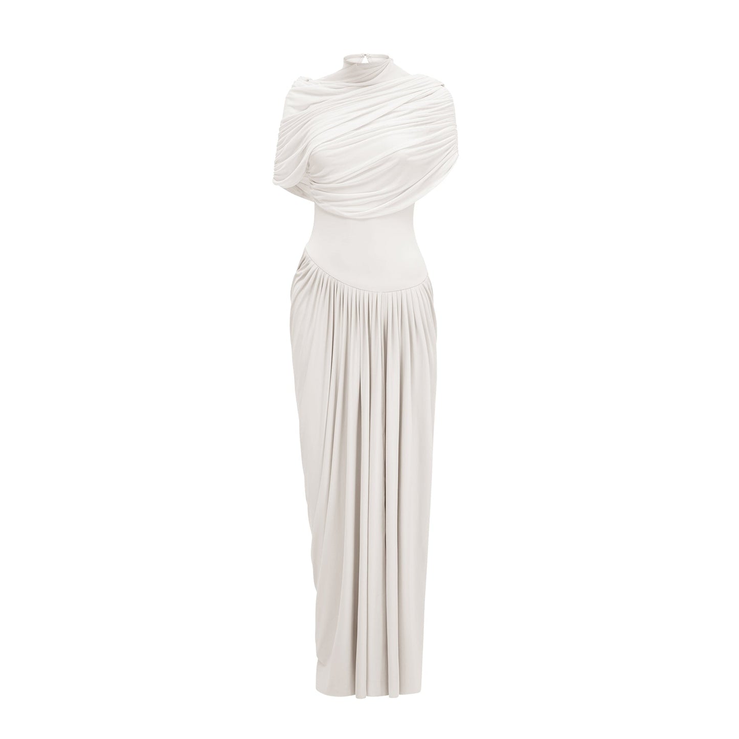 A white asymmetric maxi dress with pleated details and a flowing silhouette named Catherine